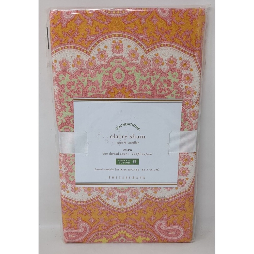 Pottery Barn Claire Sham Euro Square 26" X 26" Orange Paisley Organic Cotton NEW